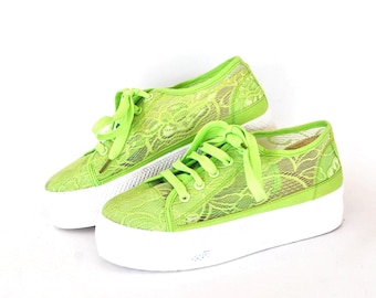 Neon Green Lace Platform Sneakers | Chunky Platform Shoes | Y2K Statement Trainers | Bold Festival Sneakers size eu 38 us 7 uk 5