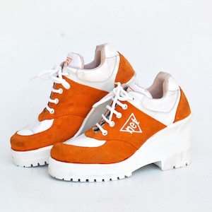 Vintage Next Platform Sneakers – Orange & White Wedge Shoes – 90s Y2K Chunky Trainers size eu 38 us 7 uk 5