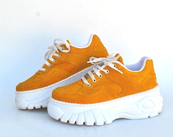 Vintage Orange Platform Sneakers Chunky Sole Y2K Streetwear Shoes size eu 35 uk 2 us 4