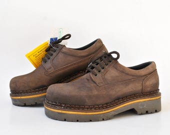 Vintage bruna nubuck platåskor med släpsula, arbetskläder, Gorpcore, obehandlad, NOS, storlek EU 40, UK 7 US 9