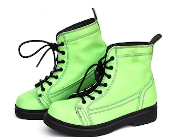 Neon Green Ankle Boots – Chunky Lace-Up Combat Boots – Retro Statement Shoes Size 38 / US 7