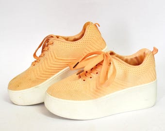 Trampki Vintage Peach Platform Knit Lace Up Shoes Y2K Chunky Sole Trainers Size EU 37 US 6 UK 4