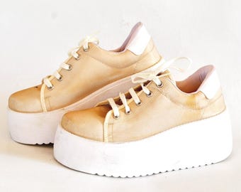 Vintage Platform Sneakers | Beige Chunky Shoes | Y2K Platform Trainers | Retro Streetwear Shoes | Unisex 2000s Style Size eu 38 us 7 uk 5