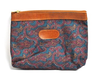 Vintage groenblauw make-uptasje met paisley-motief, retro make-uptasje, clutch met rits uit de jaren 90
