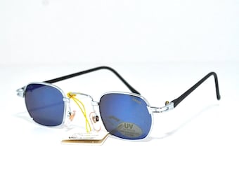 Occhiali da sole vintage in metallo argentato / Lenti blu / Occhiali da sole quadrati retrò / Stile unisex anni '90 / Protezione UV