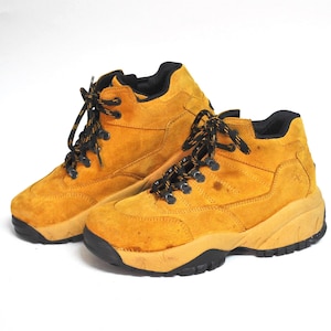 Vintage Style Suede Hiking Boots – Mustard Yellow Chunky Sole Shoes – 90s Workwear Ankle Boots – Outdoor Utility Footwear image 1