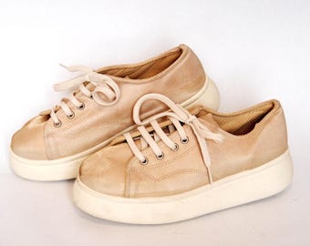 Vintage Beige Platform Sneakers | Minimalist Lace-Up Shoes | Chunky Sole Casual Sneakers | Neutral Tone Footwear size US 8 EU 39 UK 6