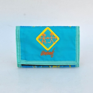 Cartera vintage unisex de los años 90, pequeña, para identificación, dinero, estampado de Unicef, con bolsillo para rascar, cartera azul, cartera plegable de nailon retro.