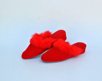 clogs sabot boho fur indoor shoes Mule red fur suede print shoes size eu 37 uk 4 us 6 Clog Slippers winter gift Home housewarming gift