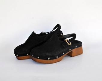 black clogs with heel 90s sandals shoes suede leather vintage womens size eu 40 us 9 uk 7 summer with straps goth rock sandals with heel