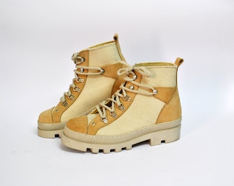 Vintage Canvas & Suede Hiking Boots – Chunky Sole Utility Ankle Boots – Neutral Workwear Shoes – 90s Gorpcore Style size 44