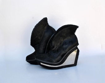 vintage Jeffrey Campbell Xanadu Fur Boots zapatos botas de tacón alto zapatos de mujer zapatos negros totales con tacón Tamaño del tobillo eu 38 Uk 5 us 7