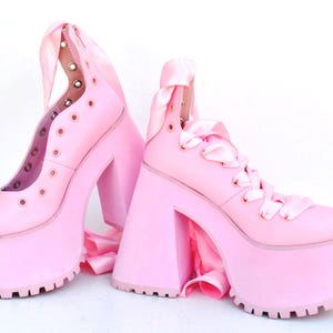 Pink Platform Heels With Satin Ribbon Laces, Y2K Balletcore Chunky Shoes, Kawaii Harajuku Clubwear Statement Footwear size eu 39 us 8 uk 6 image 3