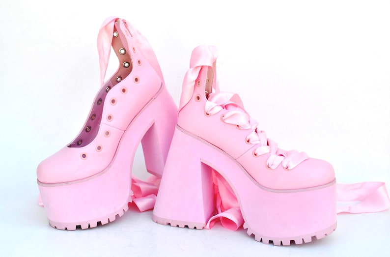 Pink Platform Heels With Satin Ribbon Laces, Y2K Balletcore Chunky Shoes, Kawaii Harajuku Clubwear Statement Footwear size eu 39 us 8 uk 6 image 3