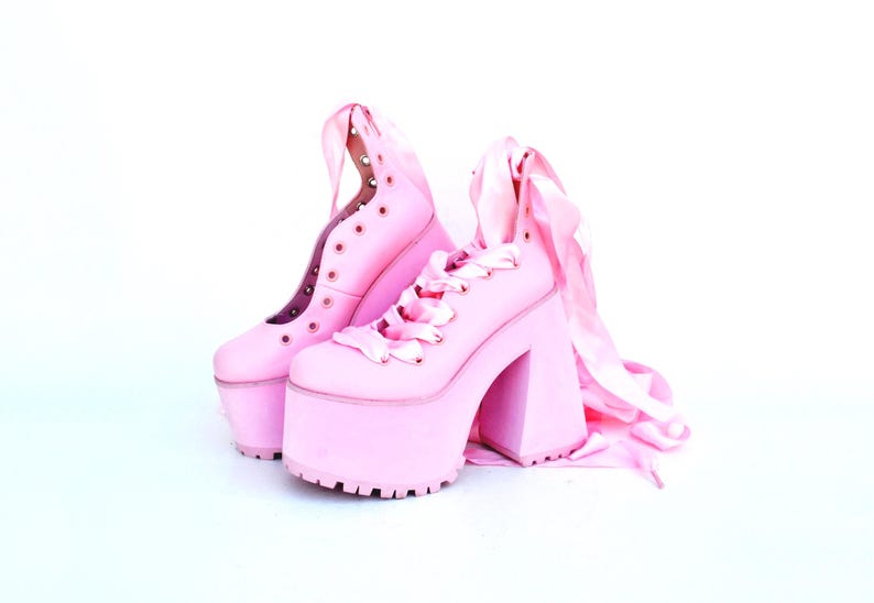 Pink Platform Heels With Satin Ribbon Laces, Y2K Balletcore Chunky Shoes, Kawaii Harajuku Clubwear Statement Footwear size eu 39 us 8 uk 6 image 1