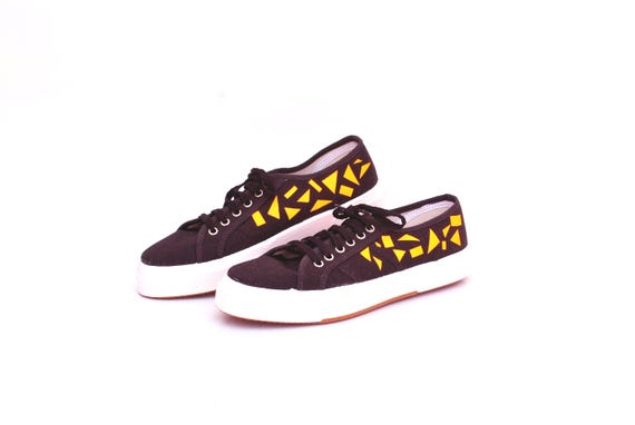 Platform Sneakers – Black Canvas Shoes with Geometric Print – Women’s Chunky Sole Trainers – Made in Italy size eu 38 us 7 uk 5