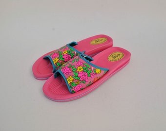 Pink Floral japanese flip flops slippers summer slides 90s beach shoes retro size eu 40 us 9 uk 7 womens shoes platform foam slippers comfy