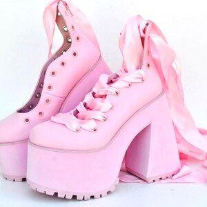 Pink Platform Heels With Satin Ribbon Laces, Y2K Balletcore Chunky Shoes, Kawaii Harajuku Clubwear Statement Footwear size eu 39 us 8 uk 6 image 2