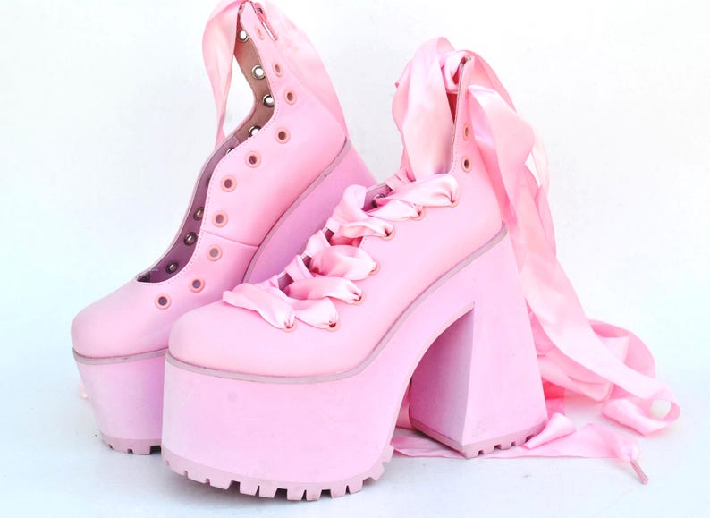 Pink Platform Heels With Satin Ribbon Laces, Y2K Balletcore Chunky Shoes, Kawaii Harajuku Clubwear Statement Footwear size eu 39 us 8 uk 6 image 2