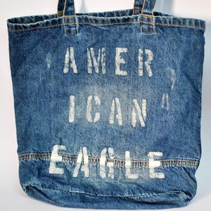 American Eagle tote bag hipster tote bag unisex canvas tote bags for women market bag jeans book bag retro 80s vintage blue white tote bag