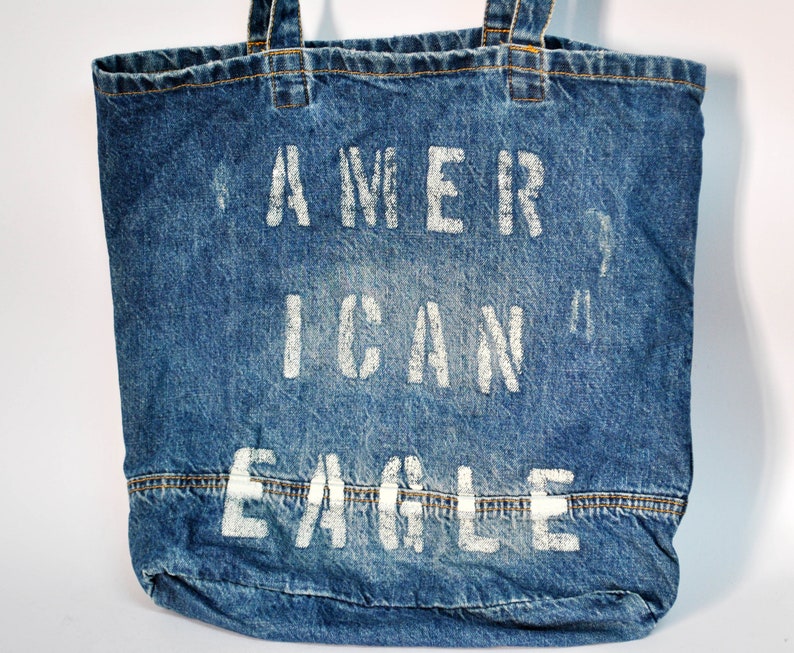 American Eagle tote bag hipster tote bag unisex canvas tote bags for women market bag jeans book bag retro 80s vintage blue white tote bag