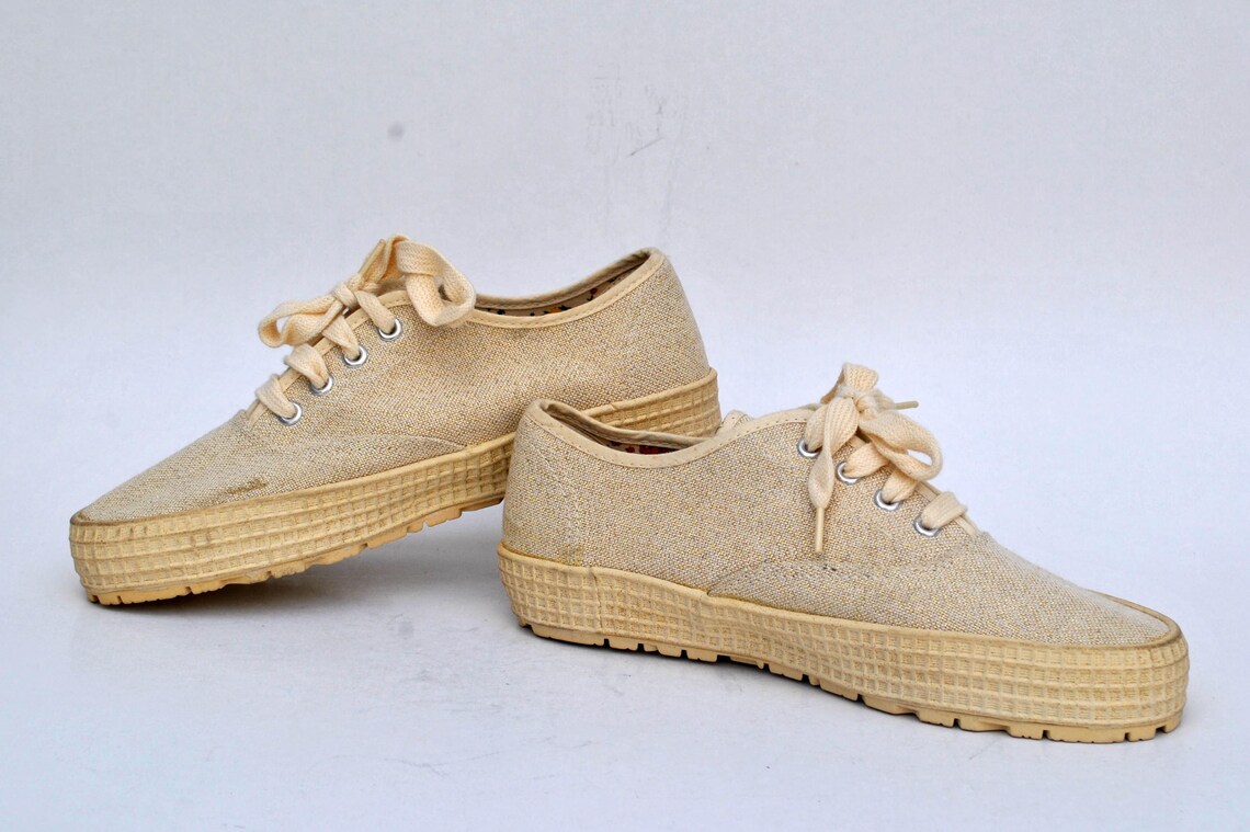 Mitsuko canvas shoes 90s sneakers vintage flat tie sneakers womens shoes size eu 38 us 7 uk 5 platform 90s beige gold glitter summer shoes, foto 3 di 5