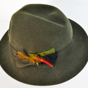 May include: A green felt fedora hat with a wide brim and a feather accent. The feather is a mix of green, yellow, and red.
