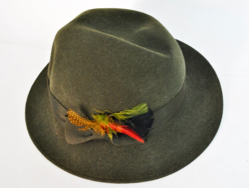 May include: A green felt fedora hat with a wide brim and a feather accent. The feather is a mix of green, yellow, and red.
