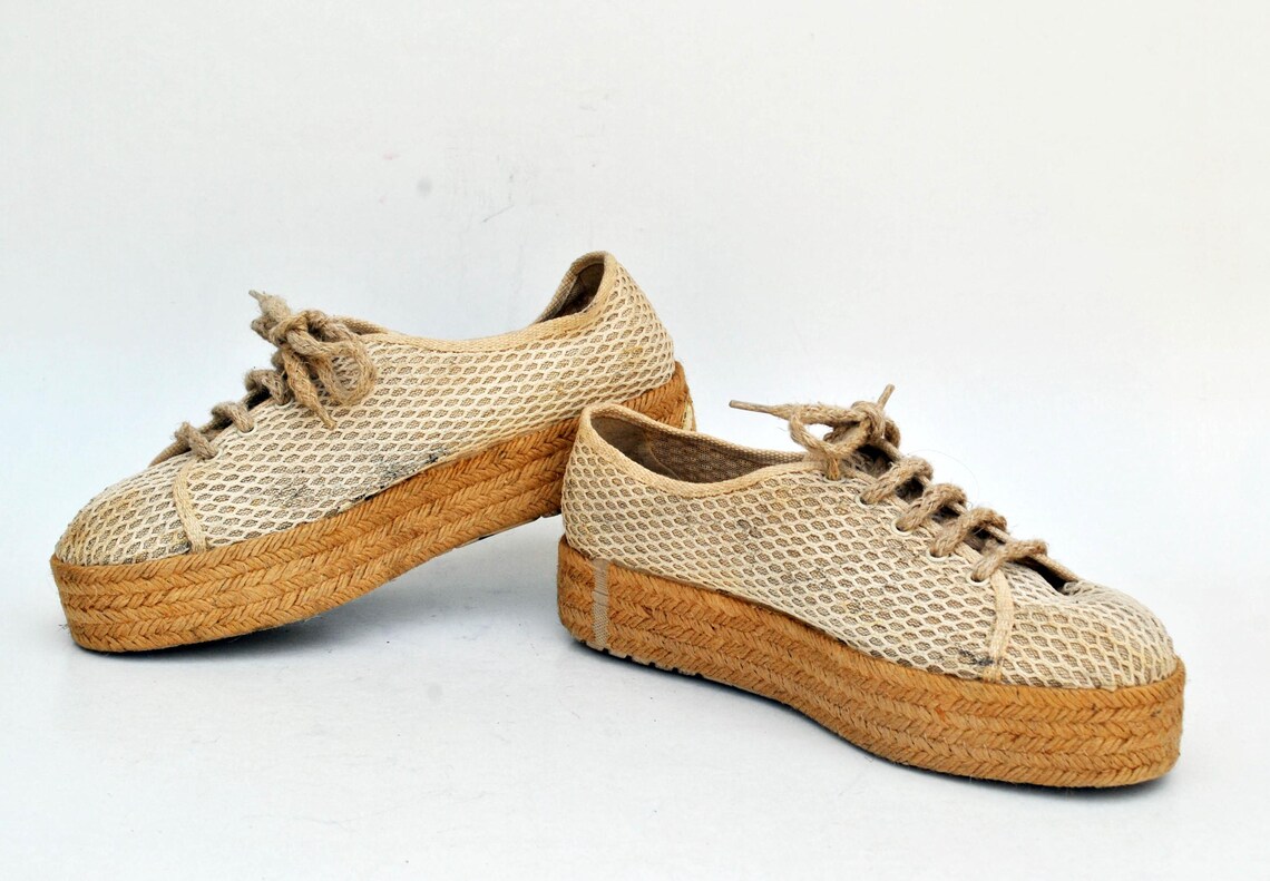 Vintage Espadrille Platform Sneakers Beige Mesh Lace Up Summer Shoes size eu 41 us 10 uk 8, foto 3 di 5