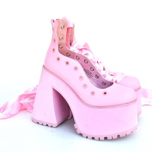 Pink Platform Heels With Satin Ribbon Laces, Y2K Balletcore Chunky Shoes, Kawaii Harajuku Clubwear Statement Footwear size eu 39 us 8 uk 6 image 4