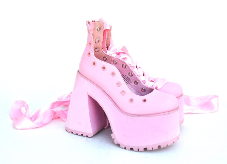 Pink Platform Heels With Satin Ribbon Laces, Y2K Balletcore Chunky Shoes, Kawaii Harajuku Clubwear Statement Footwear size eu 39 us 8 uk 6 image 4