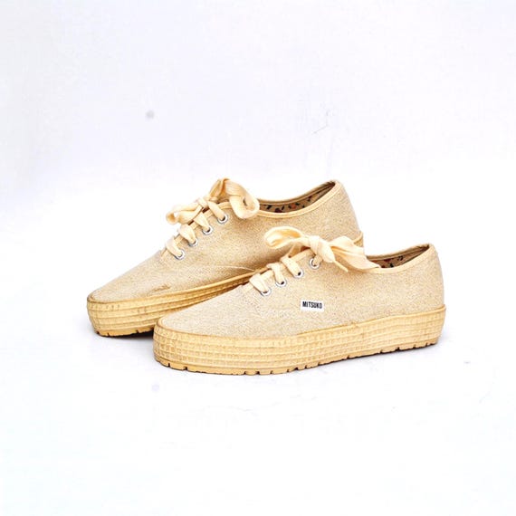 Mitsuko canvas shoes 90s sneakers vintage flat tie sneakers womens shoes size eu 38 us 7 uk 5 platform 90s beige gold glitter summer shoes