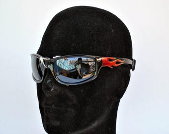 Black Wraparound Sunglasses With Flame Detail | Y2K Sport