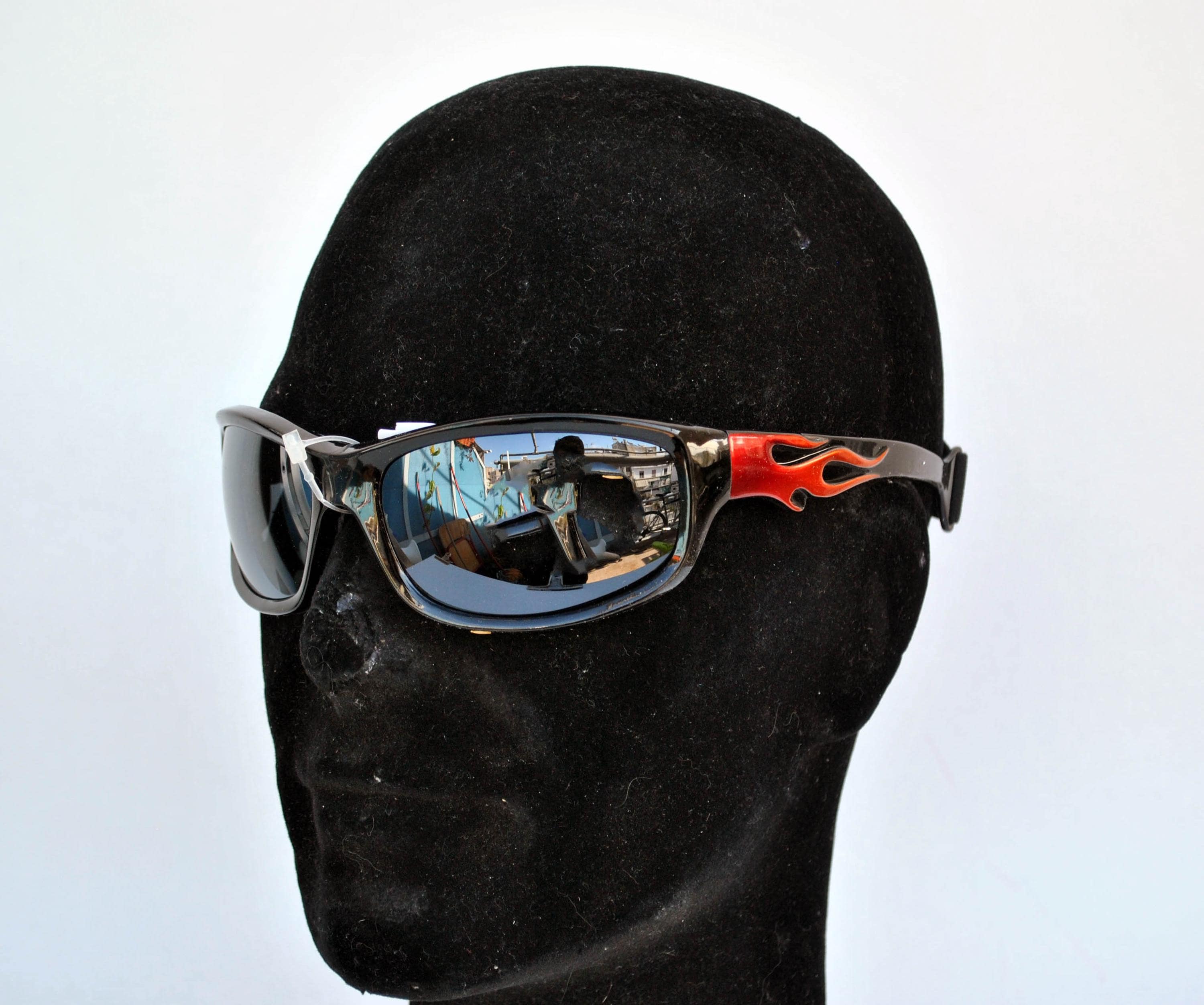 Black Wraparound Sunglasses With Flame Detail | Y2K Sport