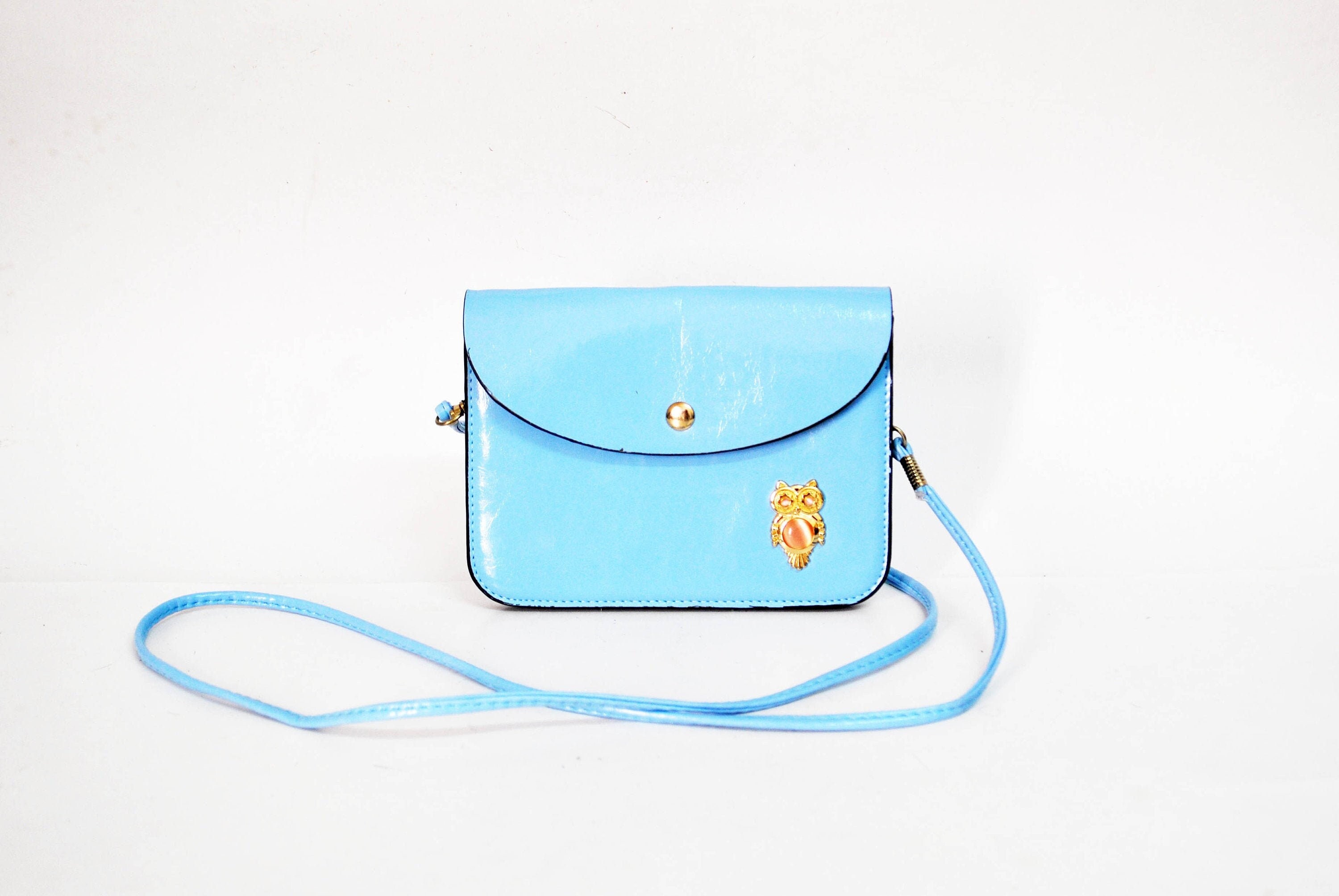 Light Blue Mini Crossbody Bag with Owl Charm | Small Shoulder Purse | Vintage Style Handbag