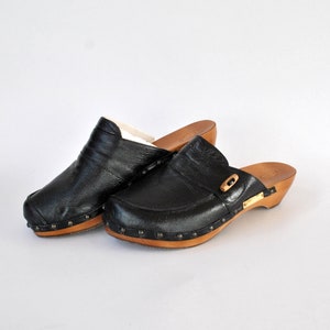black sabot boho leather clogs farm orthopedic designer slip on shoes Mule platform heel wood size 38 uk 5 us 7 platforms platform shoes
