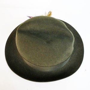 May include: A dark green fedora hat with a black band and a small feather accent.