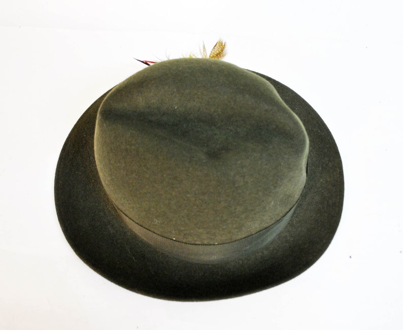May include: A dark green fedora hat with a black band and a small feather accent.