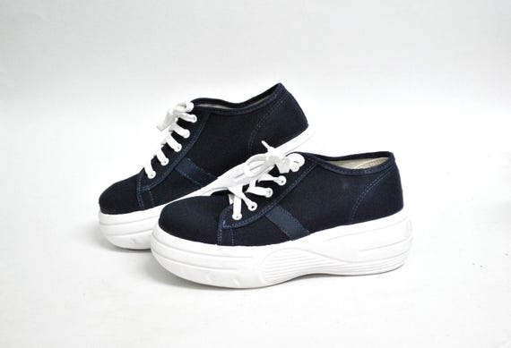 Vintage Platform Sneakers | Dark Blue Canvas Shoes | Chunky Sole Low-Top Trainers | Unisex Retro Footwear size eu 36 us 5 uk 3