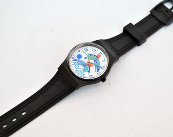 Rubberen Tucan PVC kleurrijk grafisch quartzhorloge – polshorloge met kunstwijzerplaat – zwarte band retrostijl