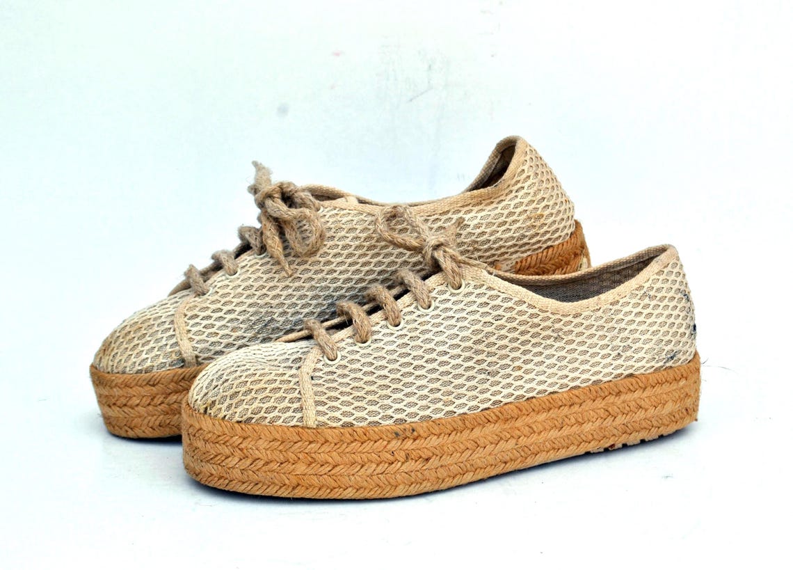 Vintage Espadrille Platform Sneakers Beige Mesh Lace Up Summer Shoes size eu 41 us 10 uk 8, foto 2 di 5