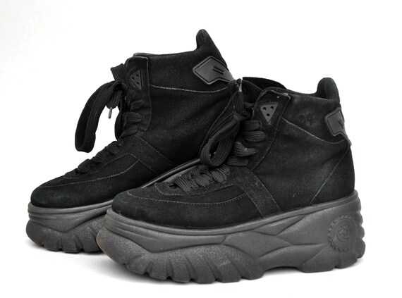 Vintage Black Platform Ankle Boots Chunky Sole Y2K Grunge