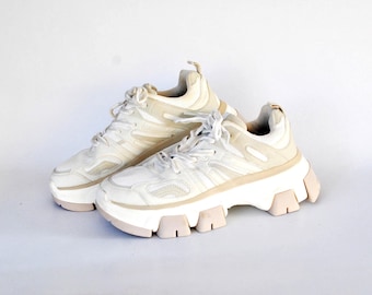 Chunky Platform Sneakers | Y2K Dad Shoes | Beige White Platform Trainers | Retro 2000s Sneakers | Unisex Streetwear size eu 38 uk 5 us 7