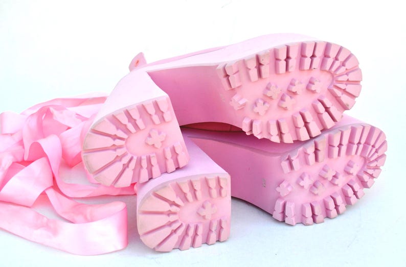 Pink Platform Heels With Satin Ribbon Laces, Y2K Balletcore Chunky Shoes, Kawaii Harajuku Clubwear Statement Footwear size eu 39 us 8 uk 6 image 6