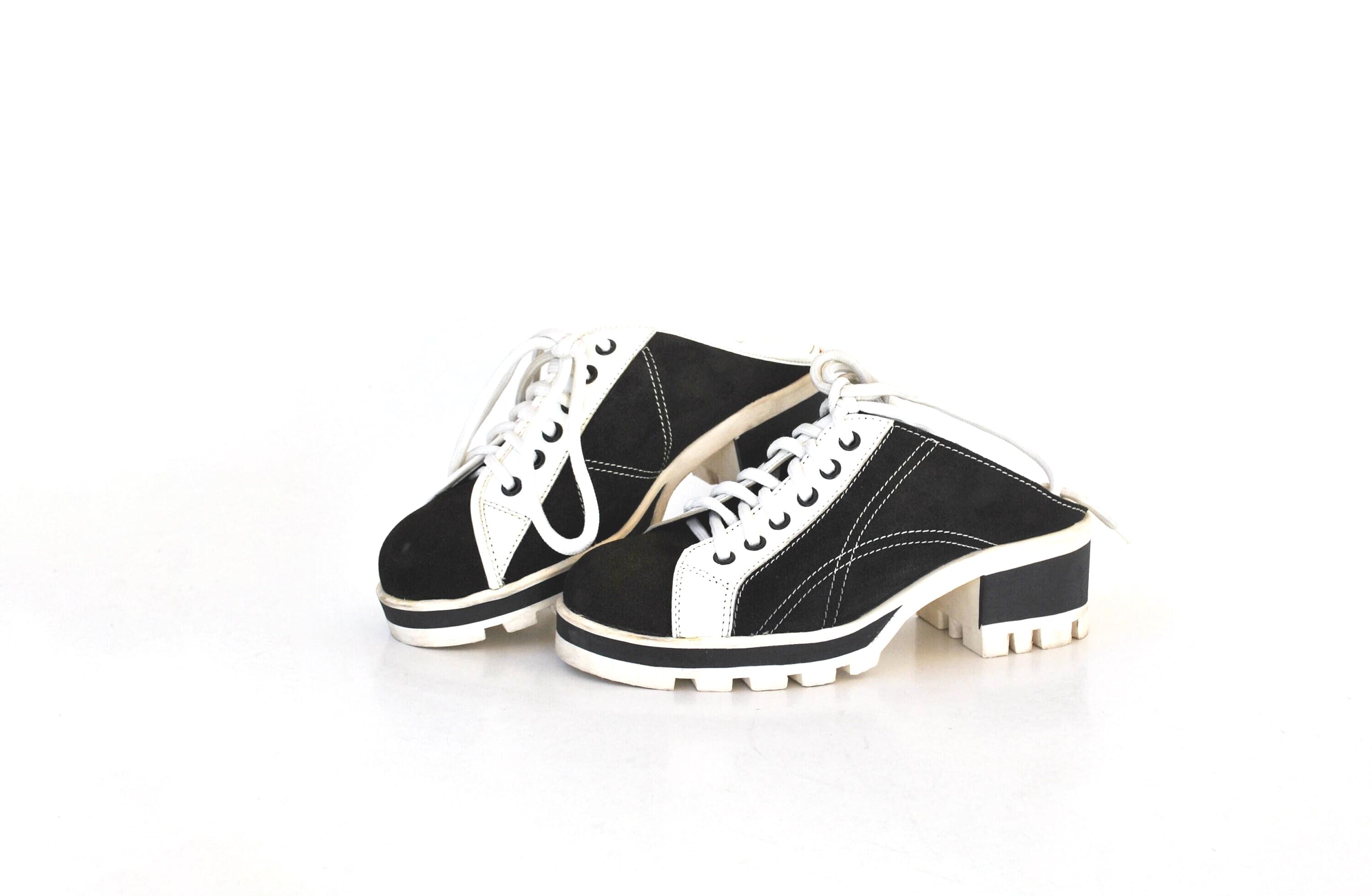 Vintage Black White Platform Mule Sneakers – Chunky Heel Lace up 