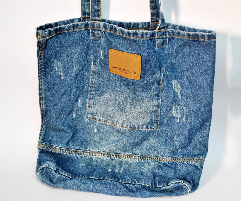 American Eagle tote bag hipster totebag unisex canvas tote bags for women market bag jeans book bag retro 80s vintage blue white tote bag image 3