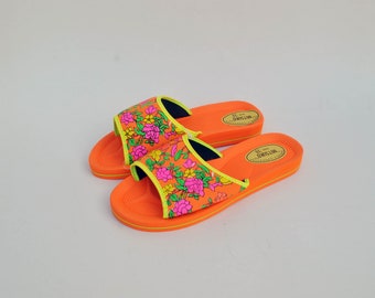 Orange Floral japonais tongs pantoufles été diapositives 90 s chaussures de plage rétro taille ue 40 us 9 uk 7 femmes chaussures plate-forme pantoufles en mousse
