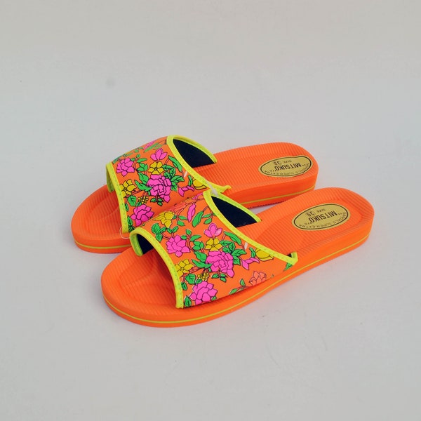 Orange Floral japanese flip flops slippers summer slides 90s beach shoes retro size eu 40 us 9 uk 7 womens shoes platform foam slippers