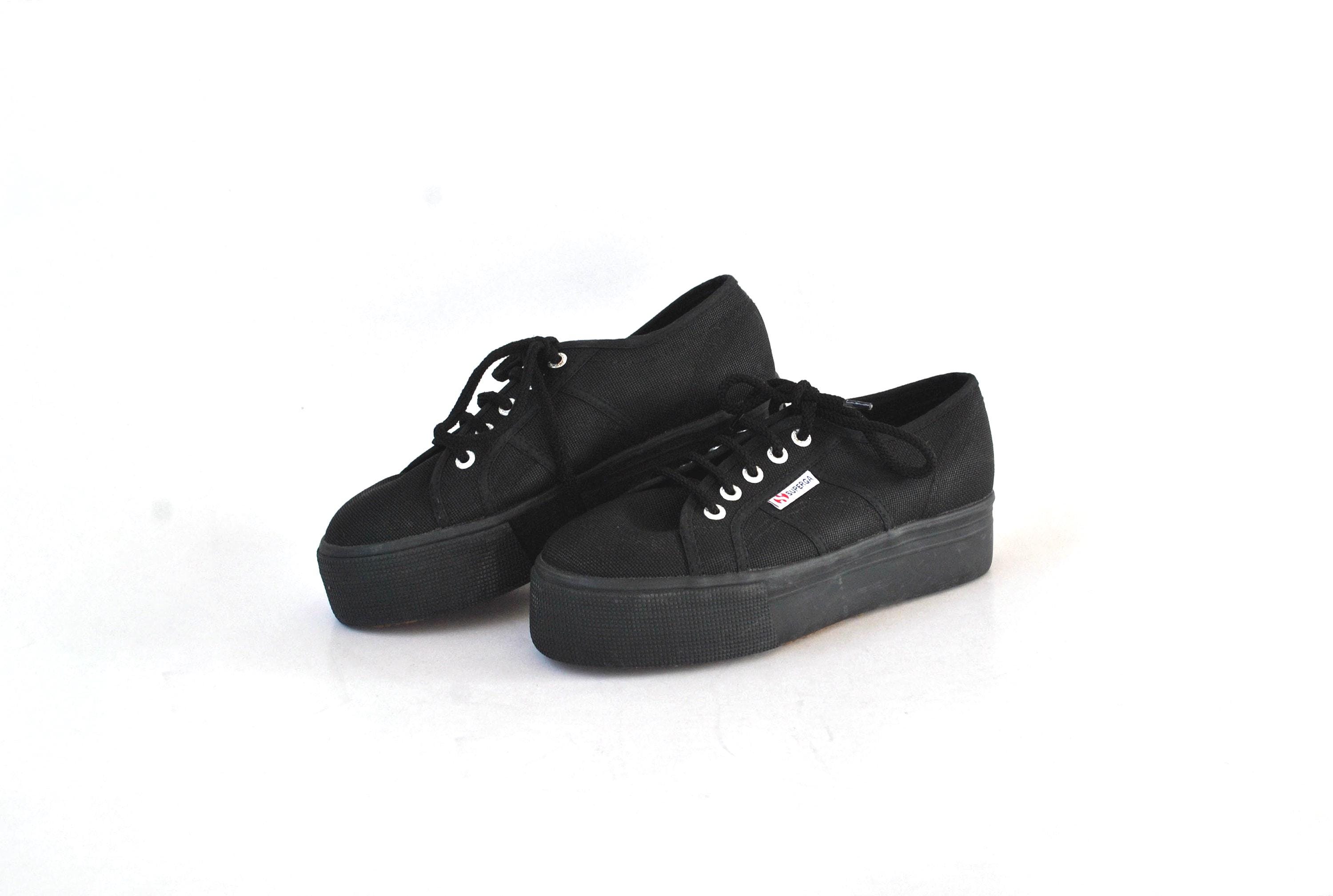 Black Platform Canvas Sneakers - Vintage Low Top Chunky Sole Shoes, Y2K…