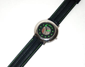 Vintage futuristische Armbanduhr | Y2K Transparent Zifferblatt Uhr | Neongrüne Tech-Armbanduhr | 90er Jahre Minimal Armbanduhr | Cyber Aesthetic Uhr